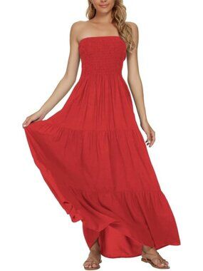 Women's Red Summer Stylish Tube Top Off Shoulder Boho Beach Long Maxi Dress